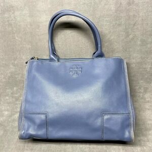 Tory Burch Thea Womens Handbag Blue Leather Inner Pockets Double Handle Tote Bag
